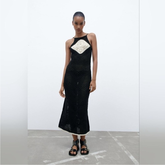 NWT ZARA Crochet Knit Tank Midi Dress Black White Blogger Favorite Small - Picture 1 of 6